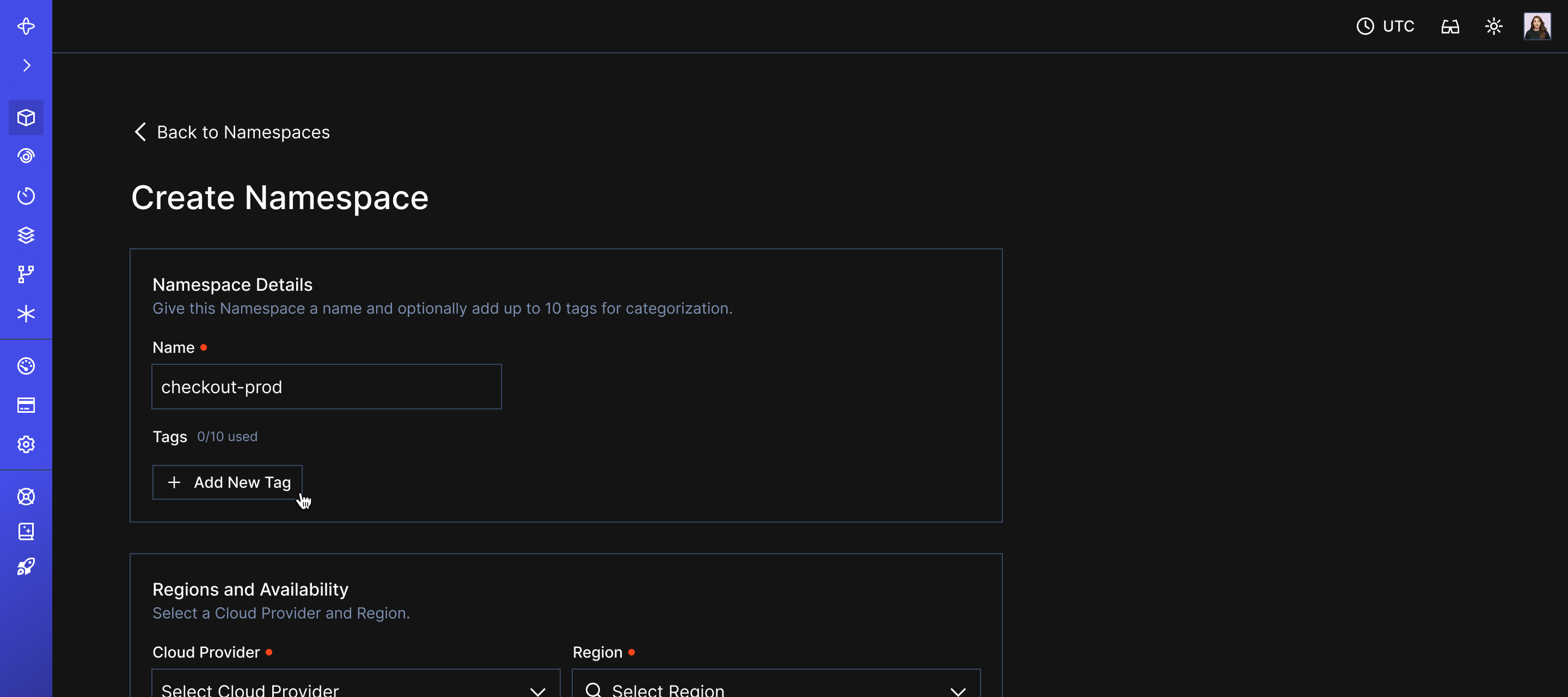 Where to add tags during namespace creation